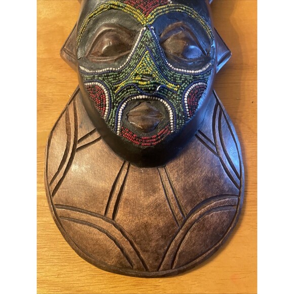 Vintage Ashanti Tribal Beaded Hand Carved Wooden Mask Ghana Brass Inlay Folk Art - Picture 2 of 11